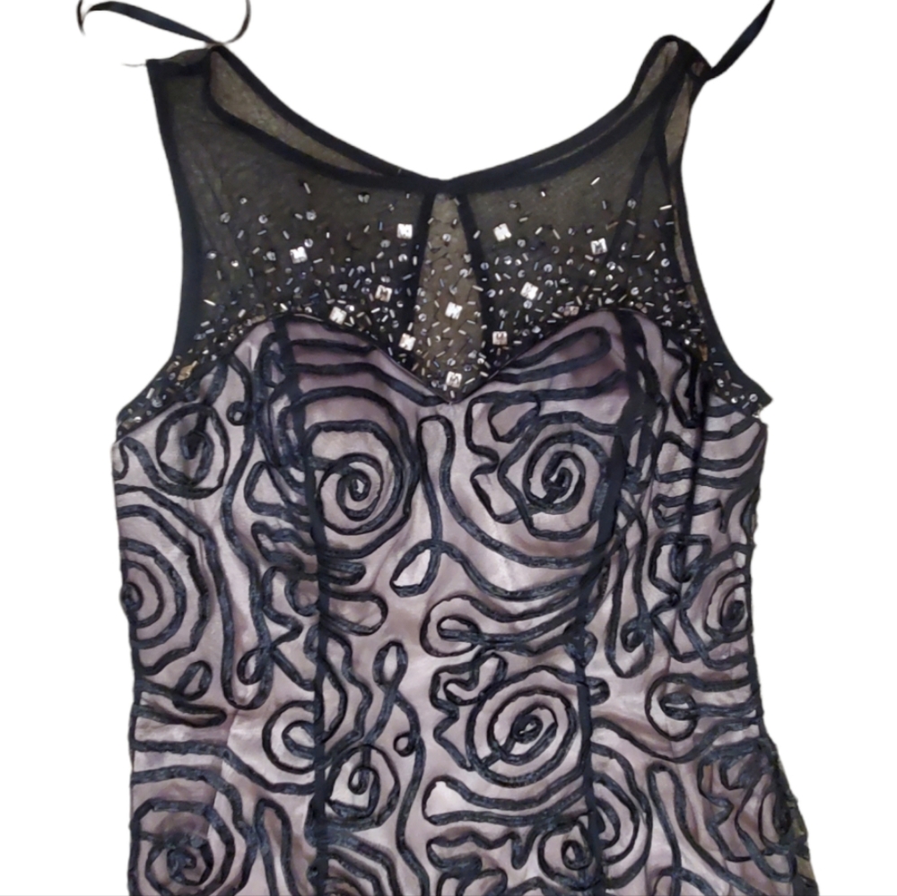 Ignite Evening Black and Tan Lined Dress With Beaded Illusion Neckline Size 10